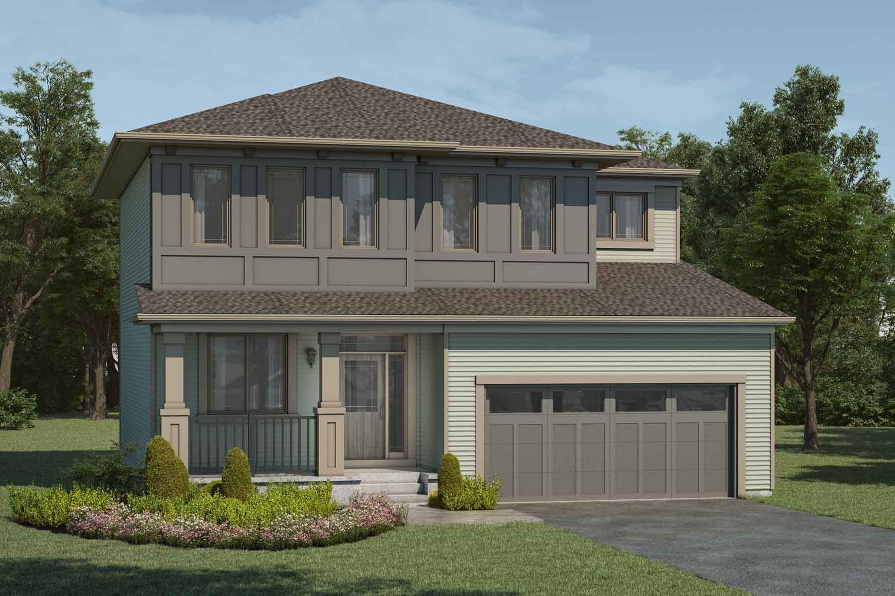 2 story single family Prairie style home with muted green and dark grey exterior, dark brown roof, many windows, front porch, double car garage