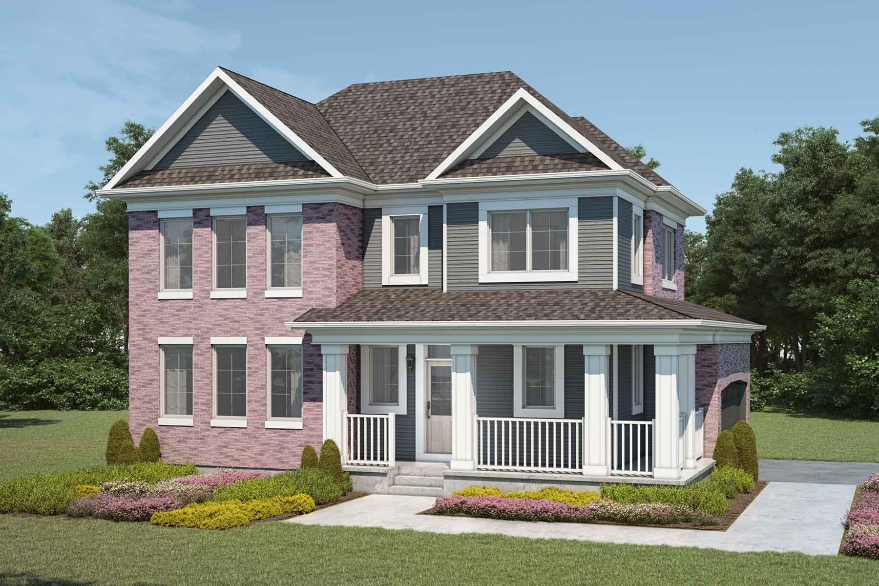 2 story Georgian Colonial style detached home with light red brick and grey exterior, light brown roof, many windows, white trim, wrap around porch, double car garage on other side