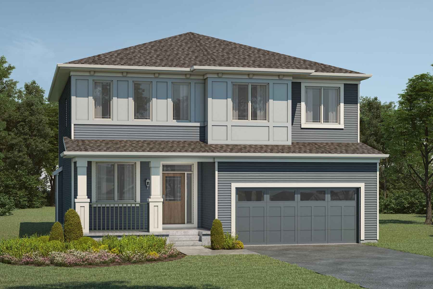 2 story detached Prairie style home with light and dark grey exterior, brown roof, many windows, front porch, and double car garage