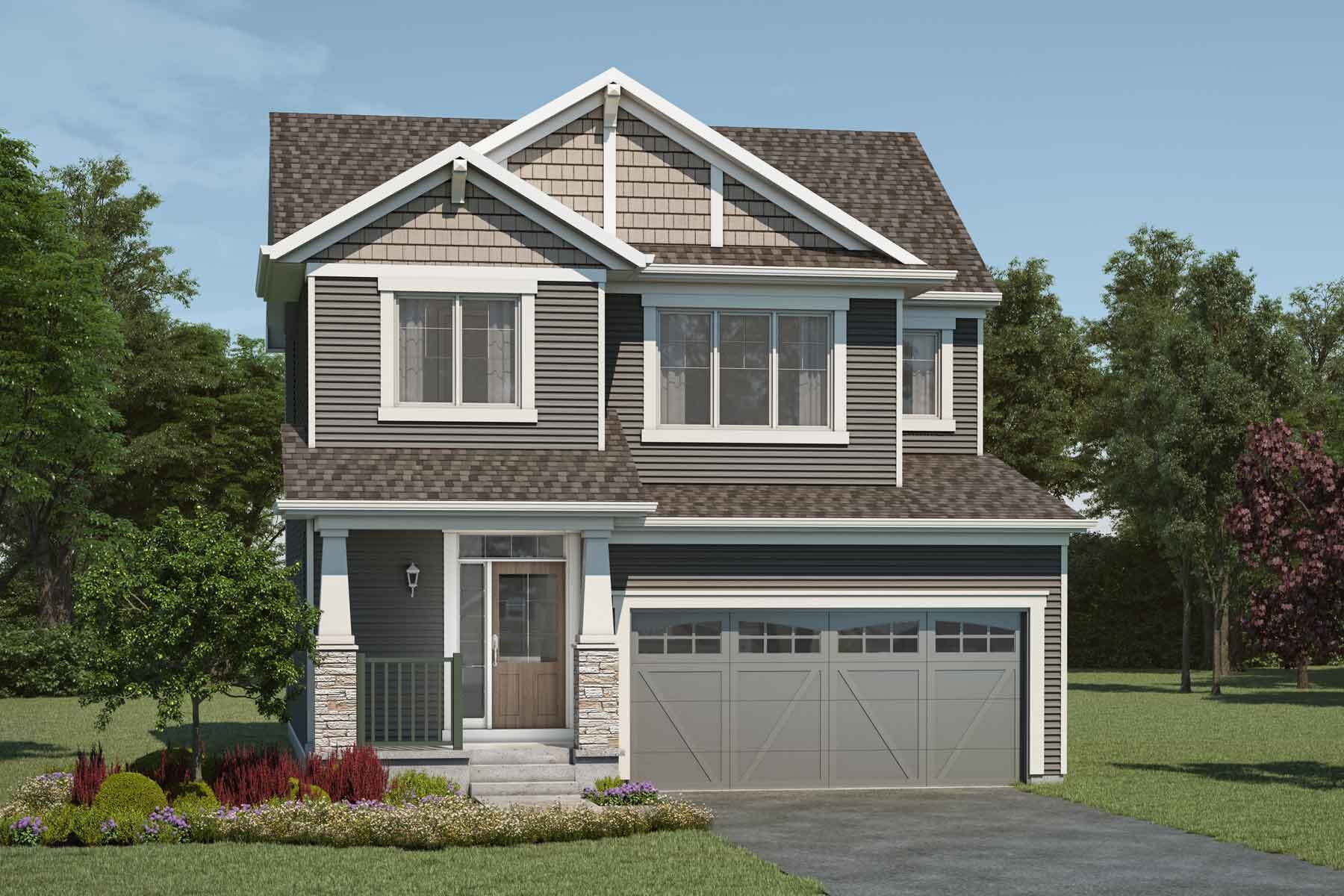 2 story detached Craftsman style home with grey exterior, grey roof, white trim, many windows, front porch, double car garage