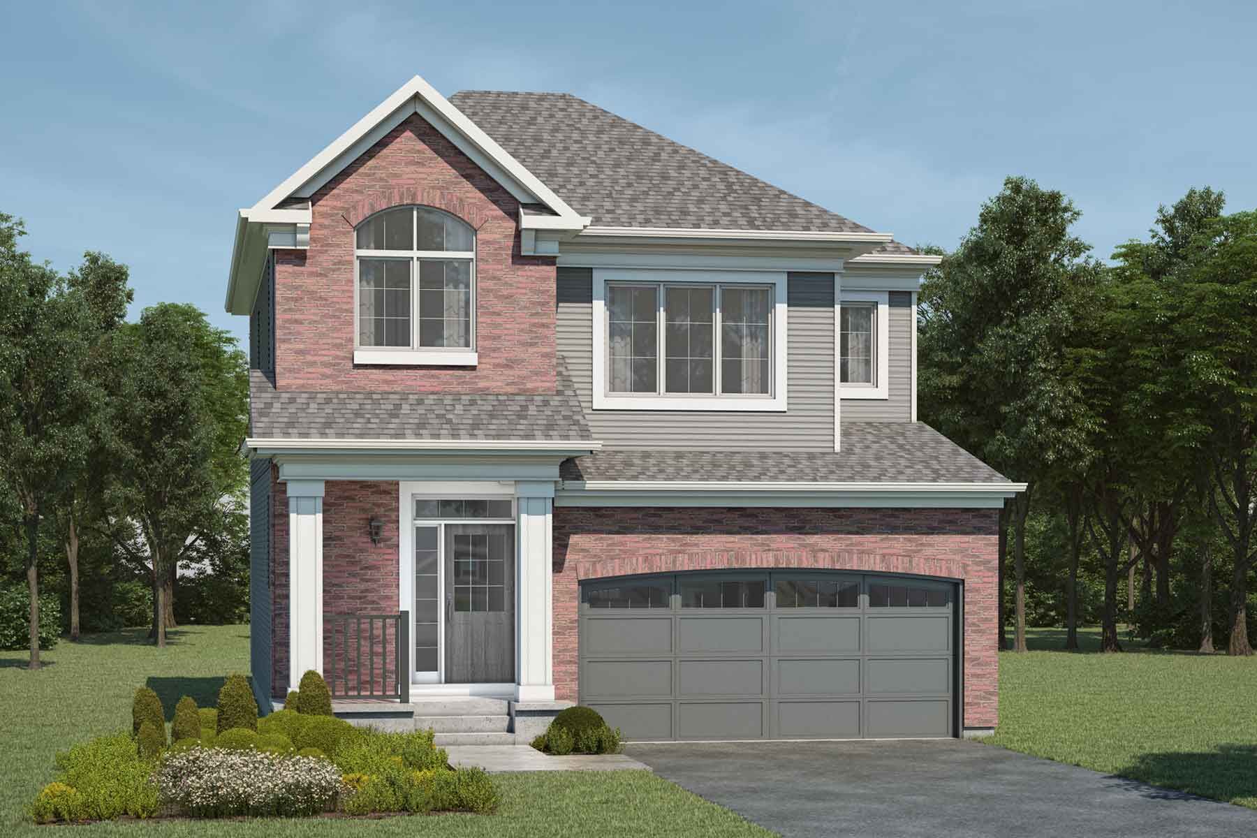 2 story detached Georgian Colonial style home with light red brick and light grey exterior, light grey roof, many windows, white trim, front porch, double car garage