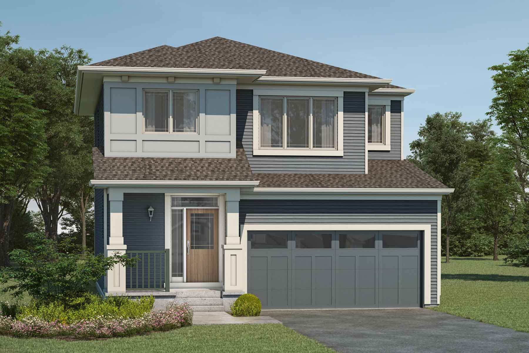 2 story detached Prairie style home with light and dark dusty blue exterior, brown roof, white trim, many windows, front porch, double car garage