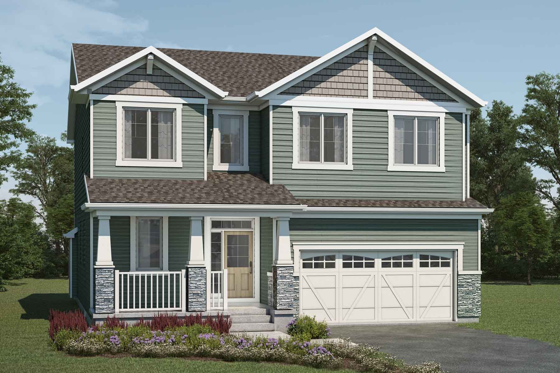 2 story detached Craftsman style home with dusty green exterior, light tan accents, light brown roof, many windows, white trim, front porch, double car garage
