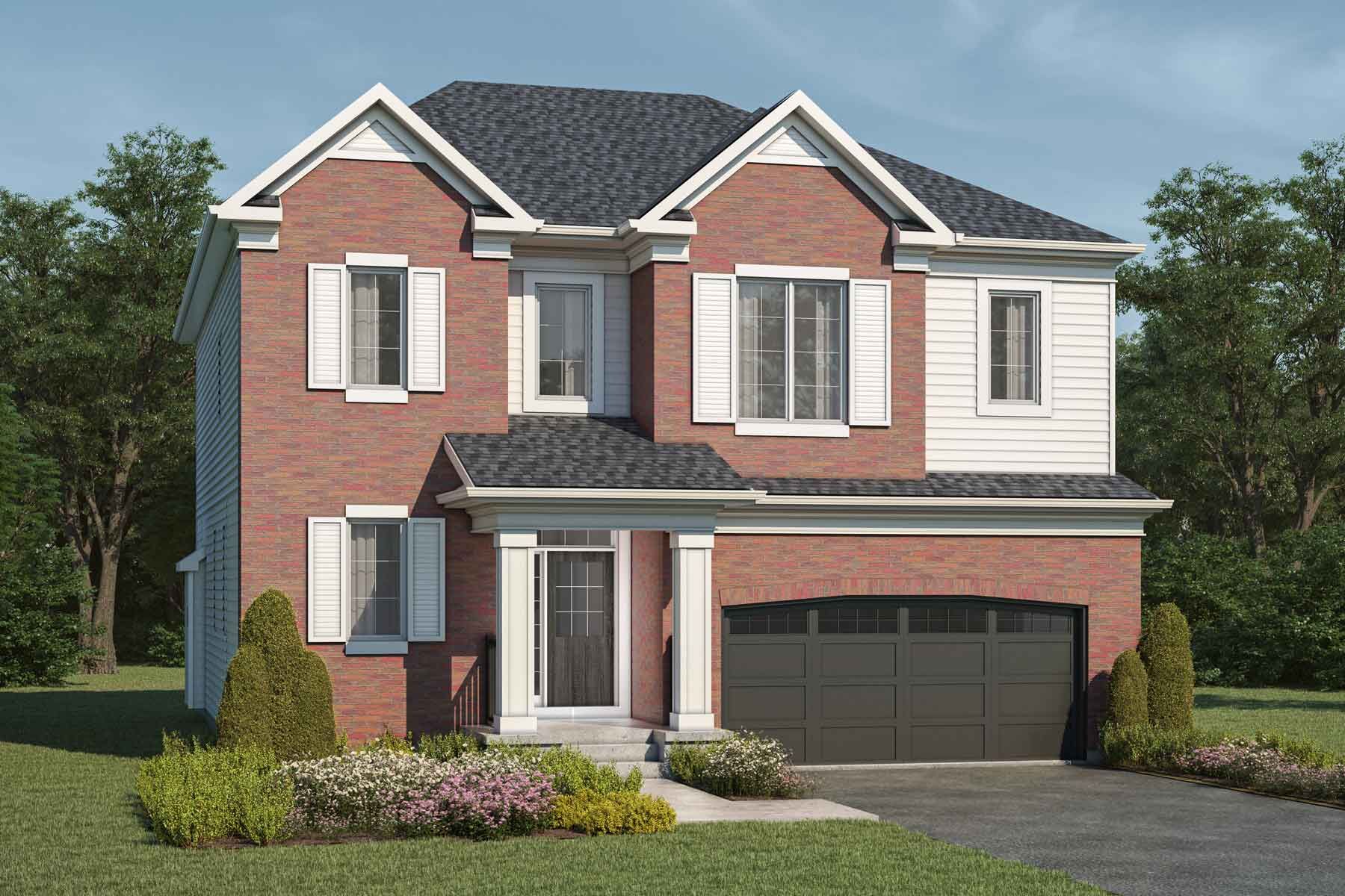 A detached Georgian Colonial style home with a double car garage.