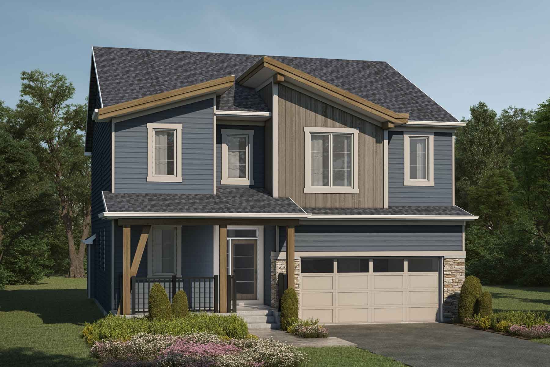 2 story detached Mountain Contemporary style home with dusty blue exterior, wood accents, cream trim, dark grey roof, many windows, front porch, double car garage