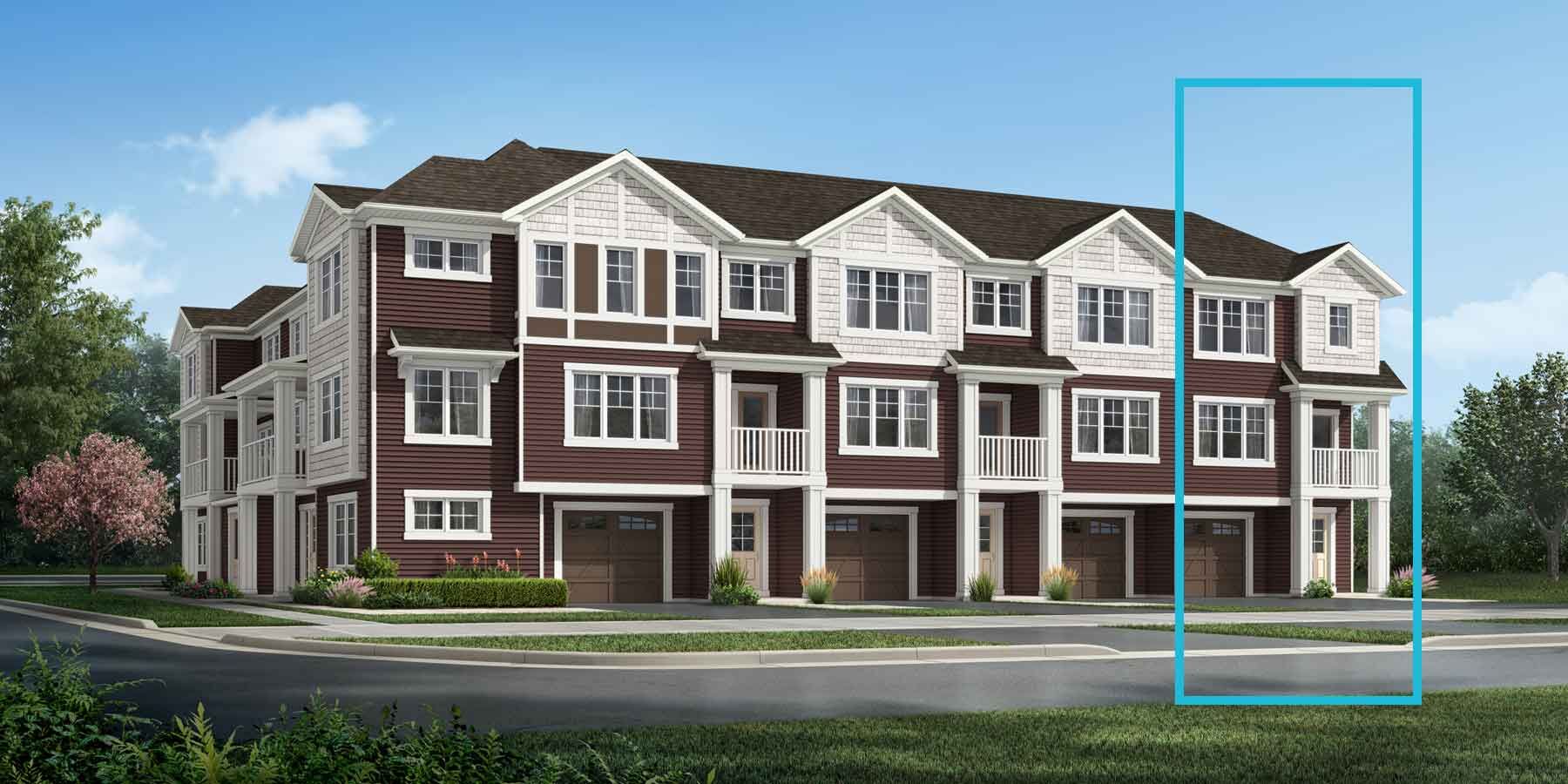 3 story attached Craftsman style home with dark red and white exterior, dark brown roof, many windows, white trim, embedded balconies above front door, single car garages, blue outline of home on right