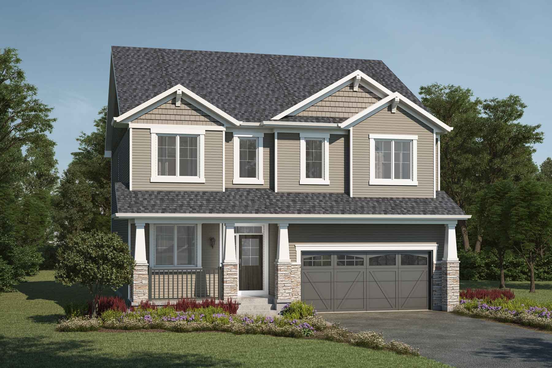 2 story Craftsman style detached home with light beige exterior, grey roof, white trim, many windows, front porch, double car garage