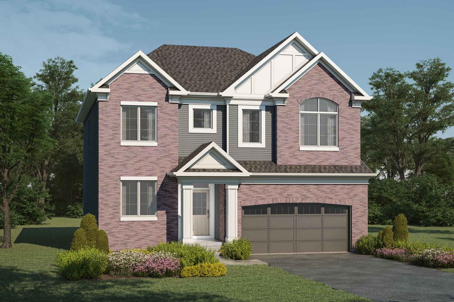 2 story Georgian Colonial style detached home with light red brick and light grey exterior, white accents and trim, many windows, light brown roof, front porch, double car garage
