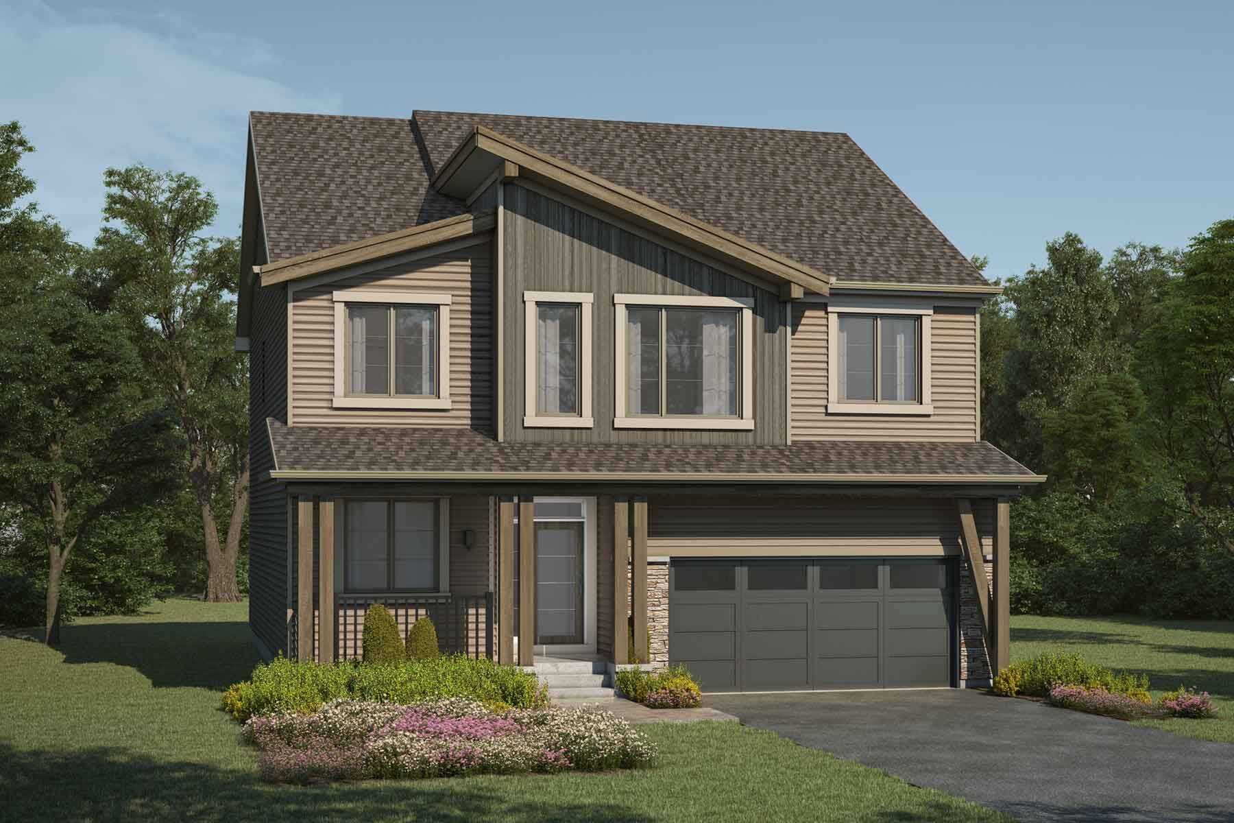 2 story Mountain Contemporary style detached home with light tan exterior, brown roof, many windows, front porch, double car garage