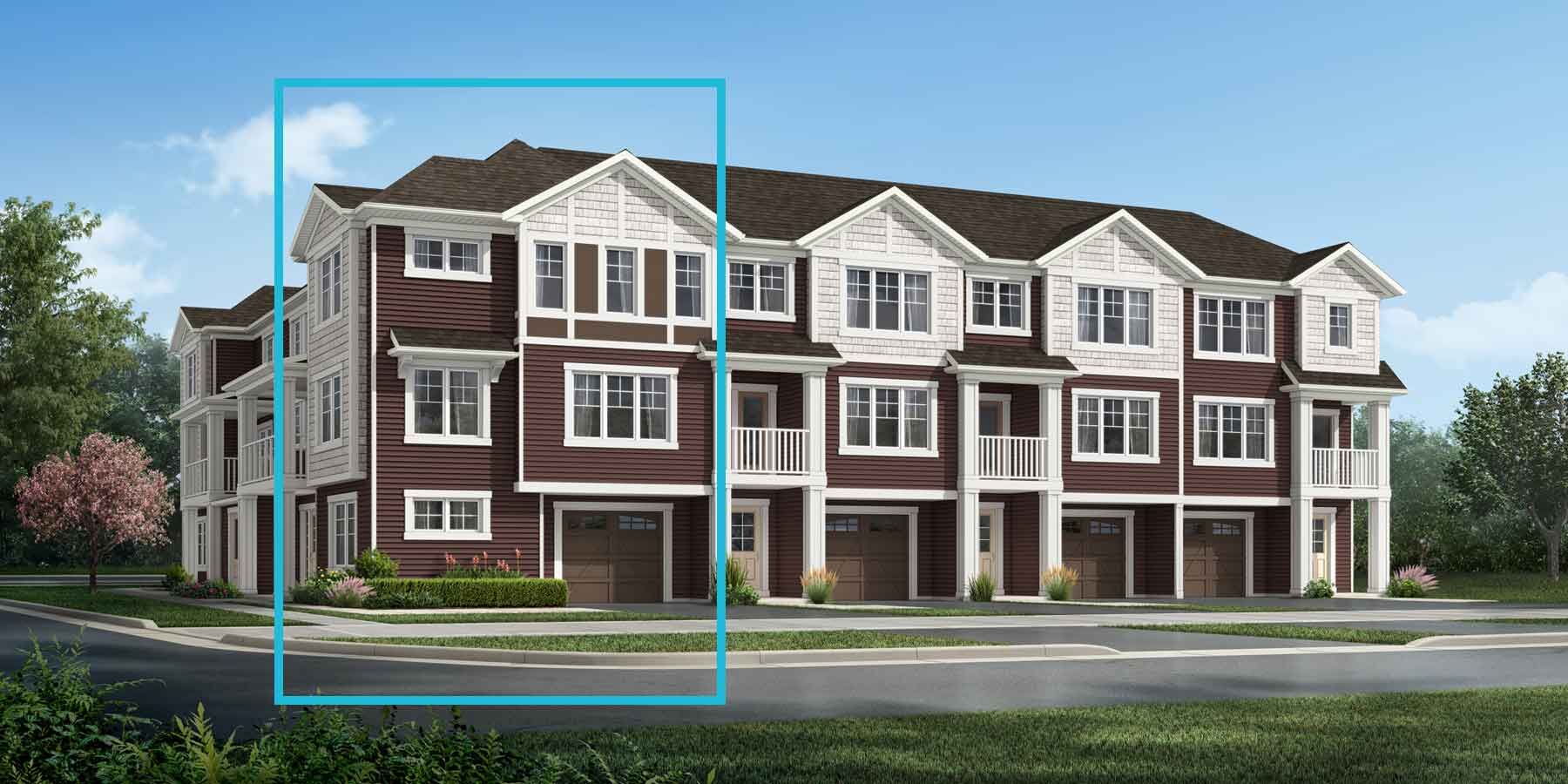 3 story Craftsman style attached home with dark red and white exterior, dark brown roof, white trim, many windows, embedded balconies above front doors, single car garages, blue outline of home on left