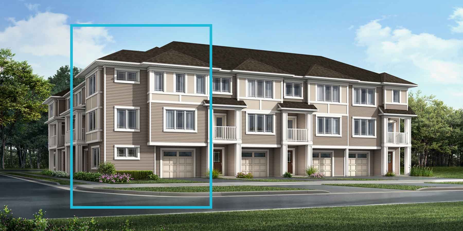 3 story Prairie style attached home with cream exterior, dark brown roof, white trim, many windows, embedded balconies above front doors, single car garages, blue outline of home on left