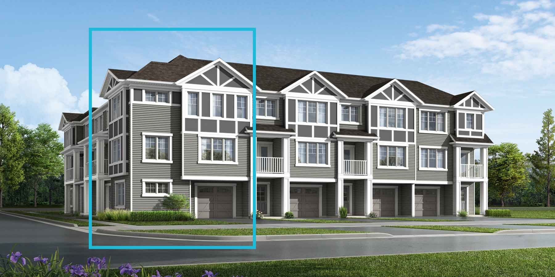 2 story Tudor style attached home with grey exterior, dark roof, white trim, many windows, embedded balconies above front doors, single car garages, blue outline of home on left