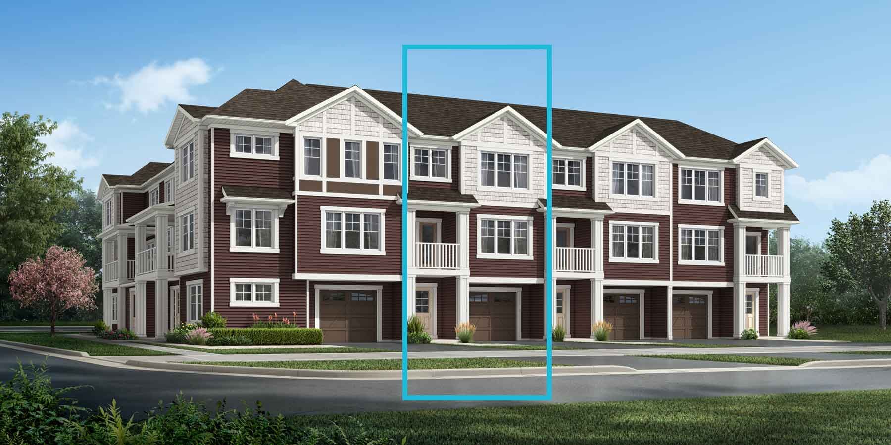 3 story Craftsman style attached home with dark red and white exterior, dark roof, many windows, white trim, embedded balconies above front doors, single car garage, blue outline of 3rd home from right