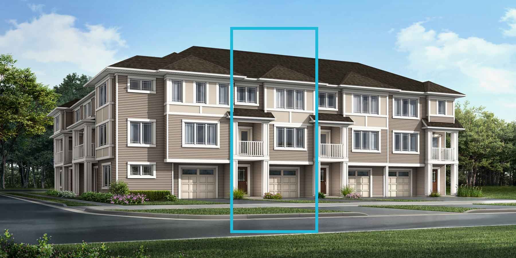 3 story Prairie style attached home with light beige and cream exterior, dark roof, many windows, white trim, embedded balconies above front doors, single car garages, blue outline of 3rd home from right