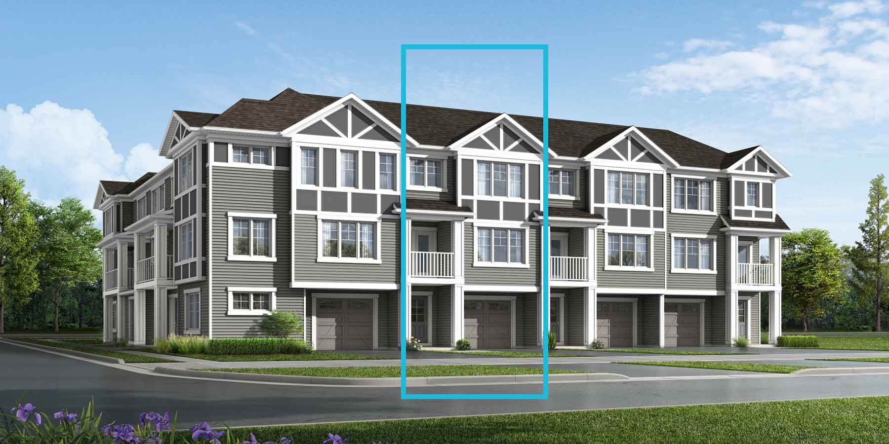 2 story tudor style attached home with a single car garage grey exterior, dark roof, white trim, many windows, embedded balconies above front doors, single car garages, blue outline of 3rd home from right