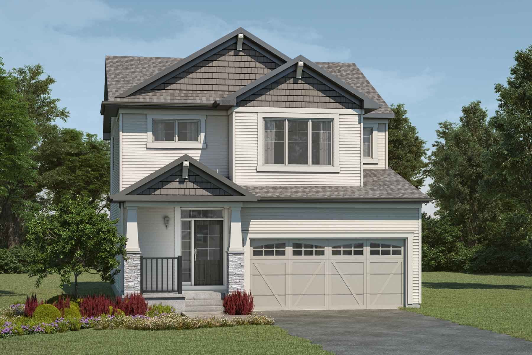 2 story single family Craftsman style home with light off-white exterior, grey roof, many windows, front porch, double car garage