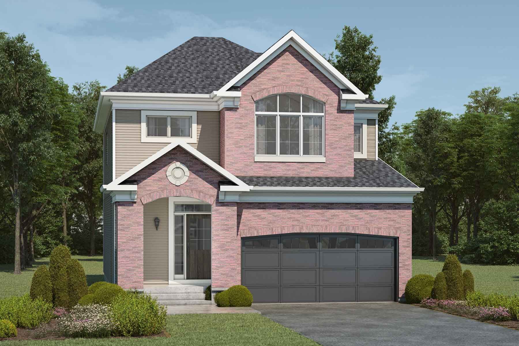 2 story single family Georgian Colonial style home with light red brick and light beige exterior, grey roof, white trim, many windows, front porch, dark double car garage