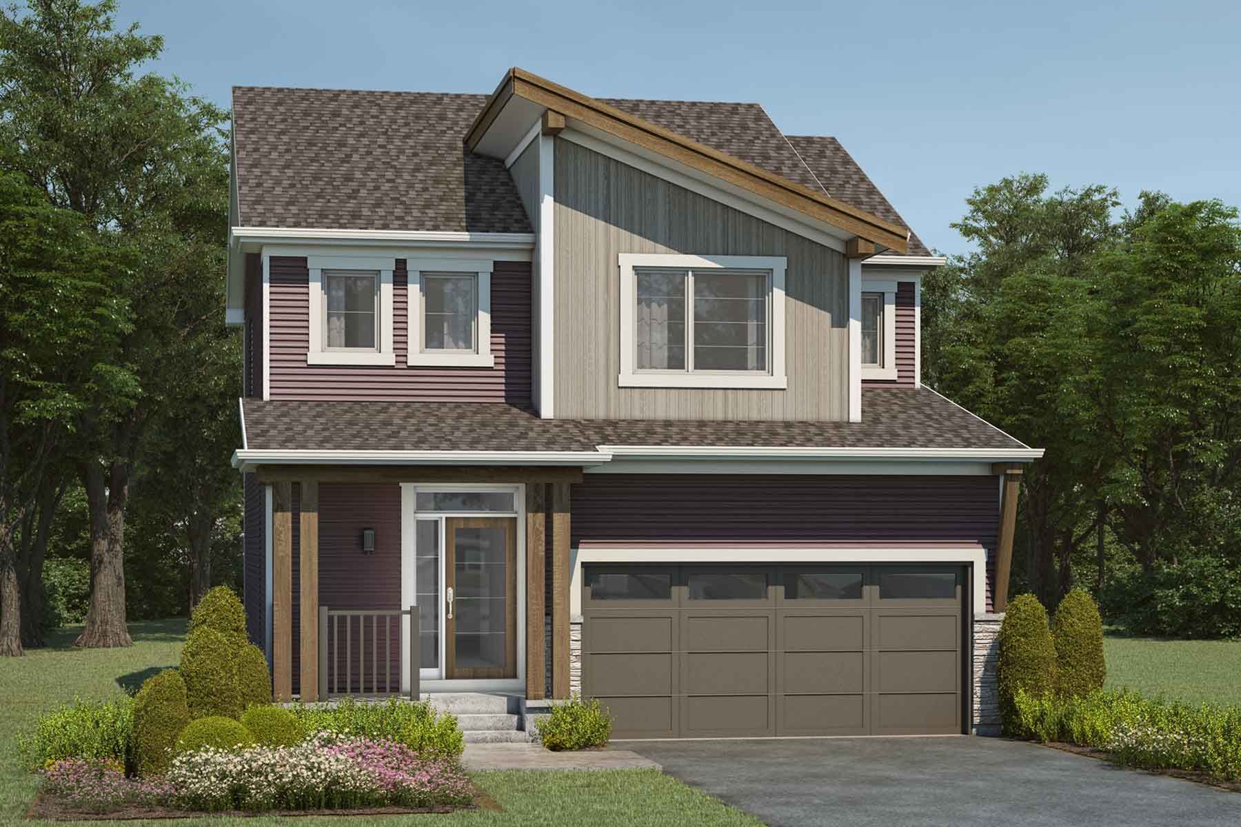 2 story single family Mountain Contemporary style home with dusty red and beige exterior, light brown roof, front porch, double car garage