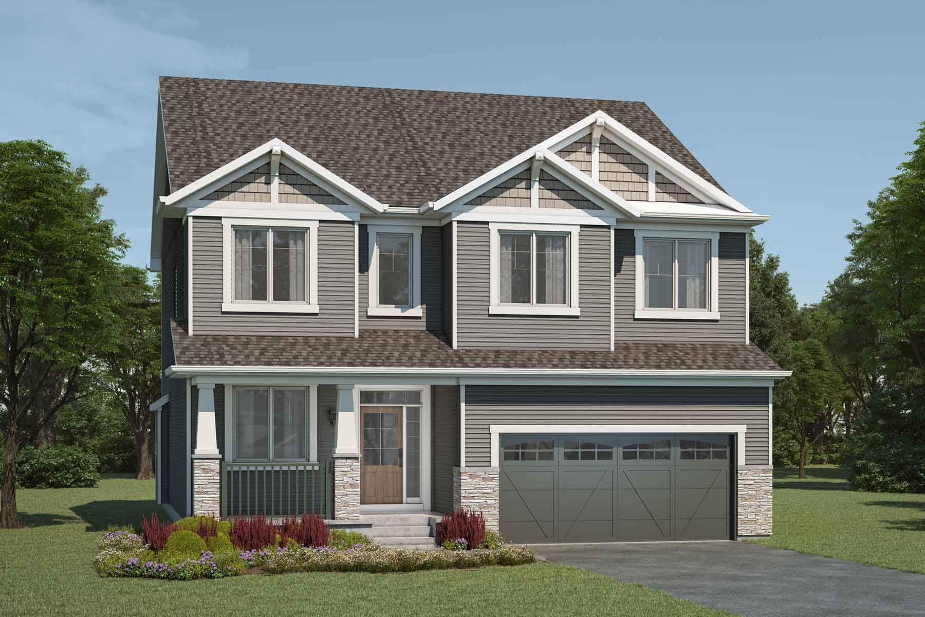 2 story detached Craftsman style home with grey exterior, brown roof, many windows, white trim, front porch, double car garage