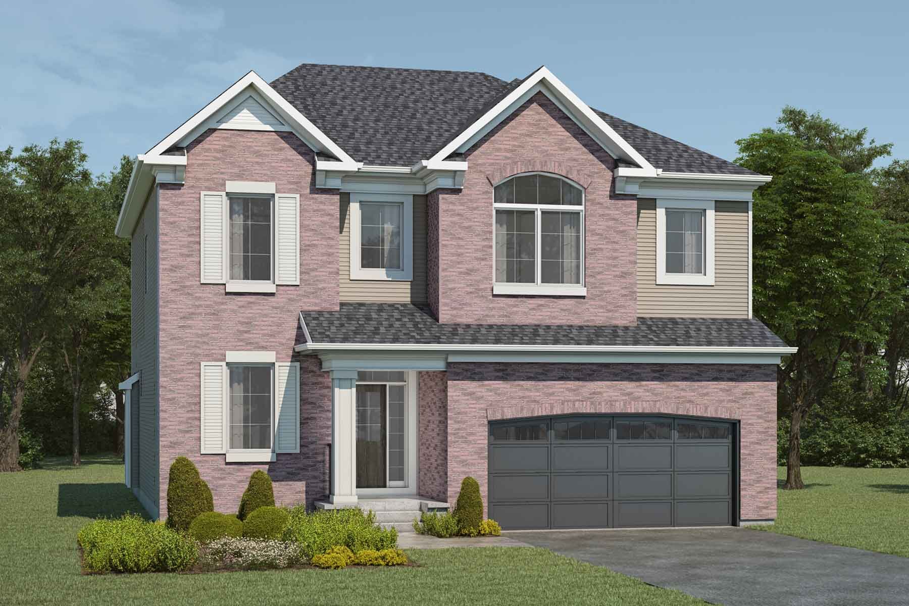 2 story detached Georgian Colonial style home with light red brick and cream exterior, grey roof, many windows, white trim and shutter, front porch, double car garage