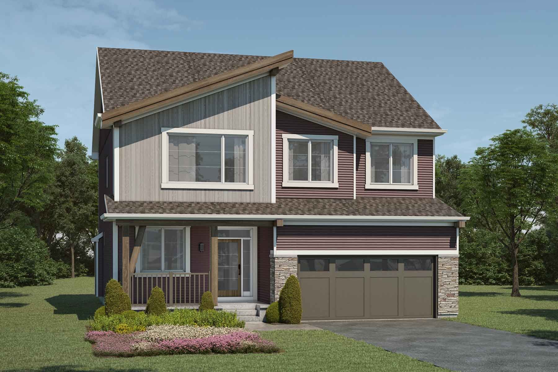 2 story detached Mountain Contemporary style home with dusty taupe and light grey plan exterior, light brown roof, many windows, white trim, front porch, double car garage