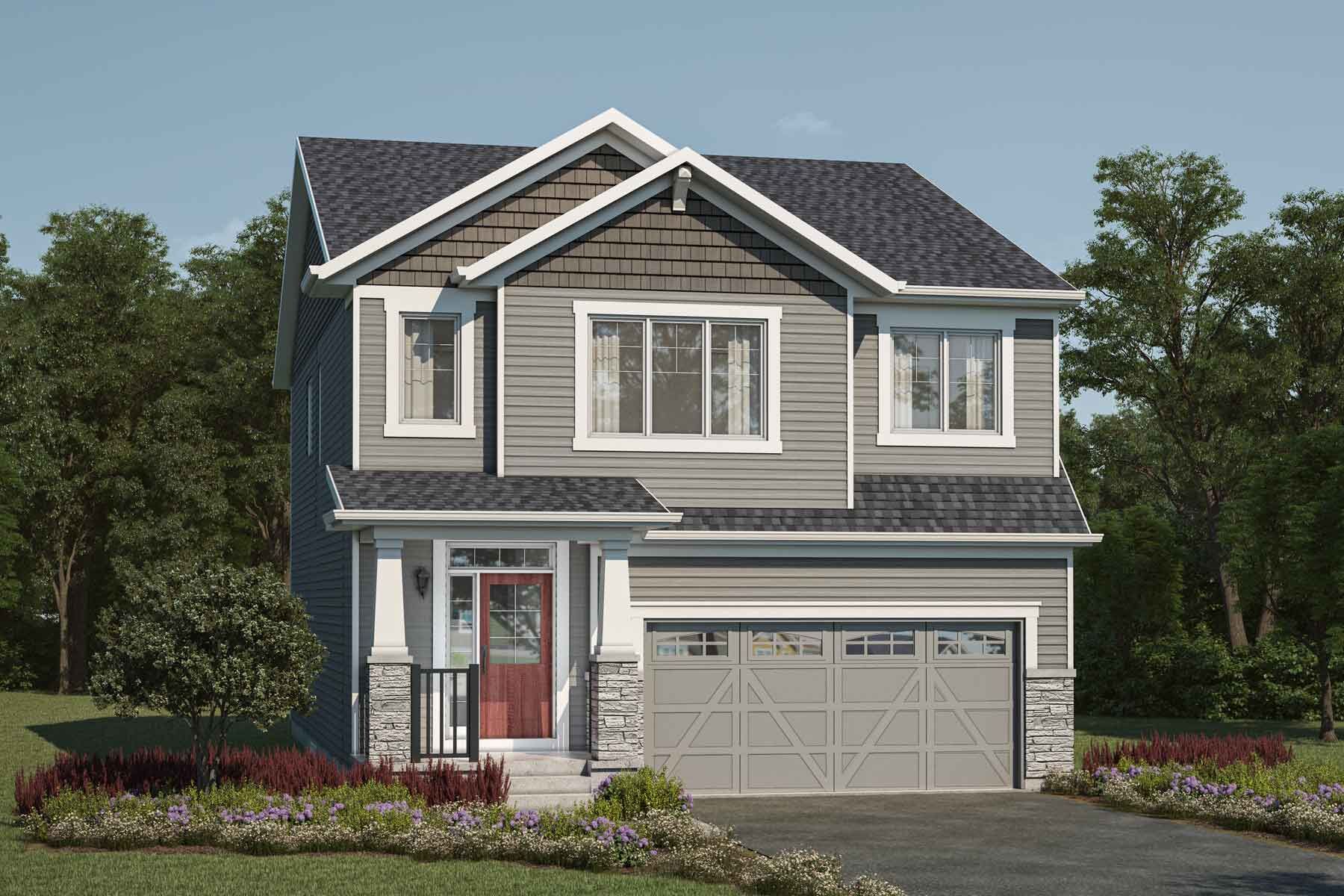 2 story detached Craftsman style home with light grey exterior, dark grey roof, many windows, white trim, front porch, red door, double car garage