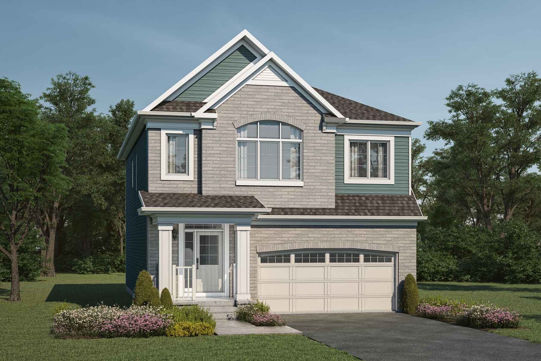 2 story detached Georgian Colonial style home with light grey brick and dust teal exterior, brown roof, white trim, many windows, front porch, double car garage