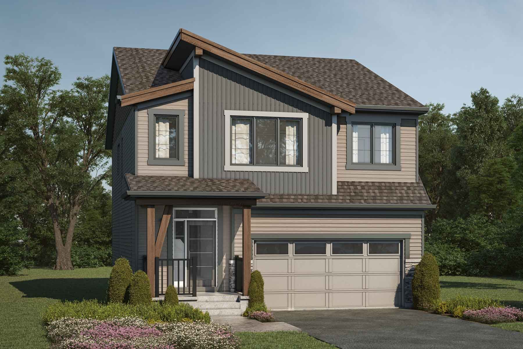 2 story detached Mountain Contemporary style home with beige and grey exterior, brown roof, many windows, wood accents, white and grey trim, front porch, double car garage