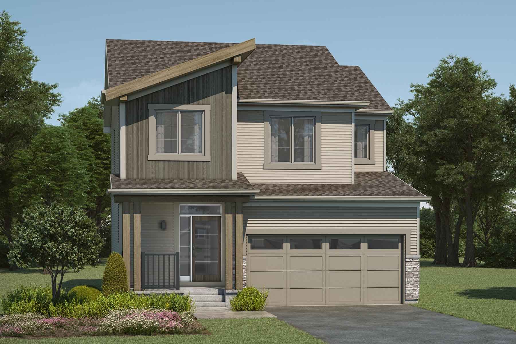 2 story detached Mountain Contemporary style home with brown plan and light tan exterior, brown roof, many windows, wood accents, front trim, double car garage