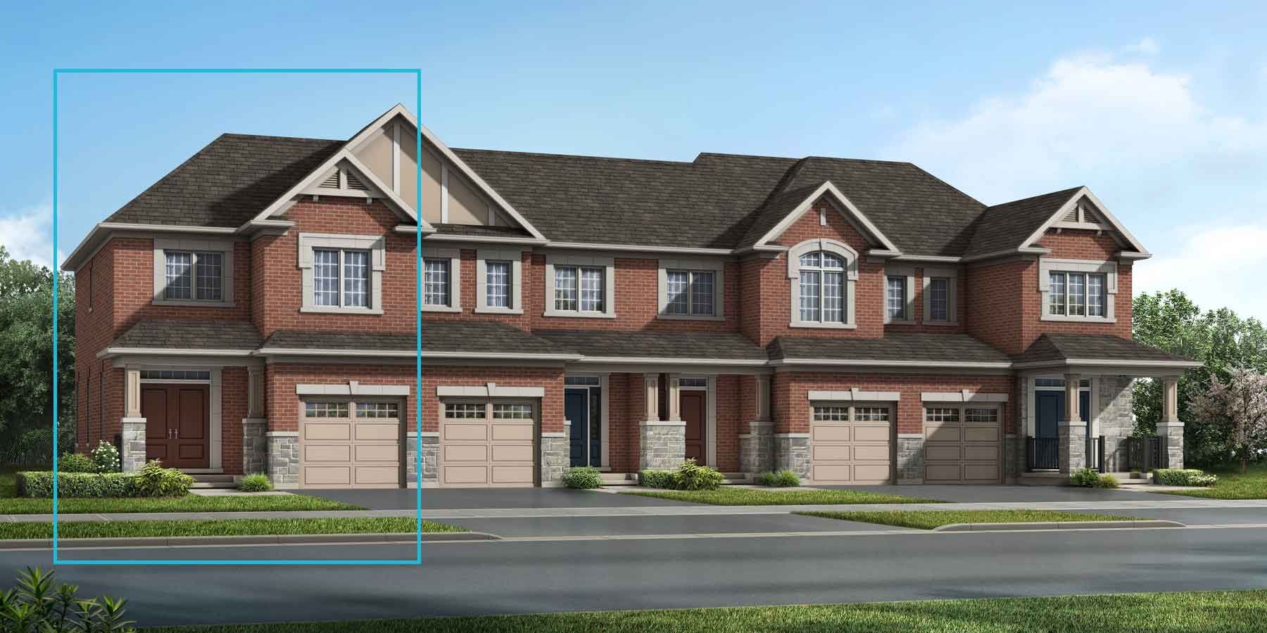 2 story Traditional style townhome with red brick and beige exterior, dark roof, grey trim, many windows, front porches, single car garage, blue outline of home on left