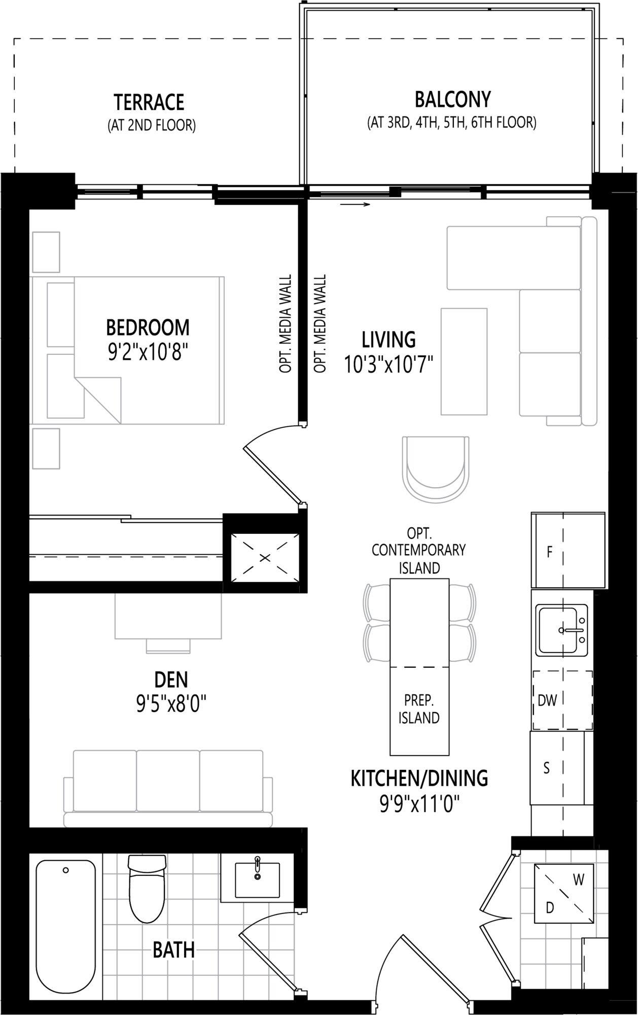 The 1bdj floorplan has a great room, a den, a balcony, and a terrace.