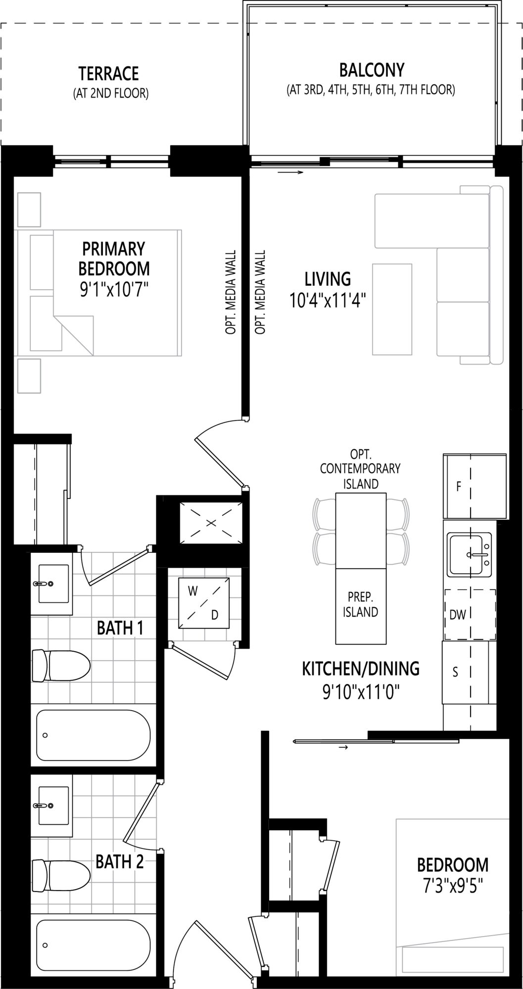 The 2b0j floorplan has two bedrooms, two baths, a terrace, and a balcony.