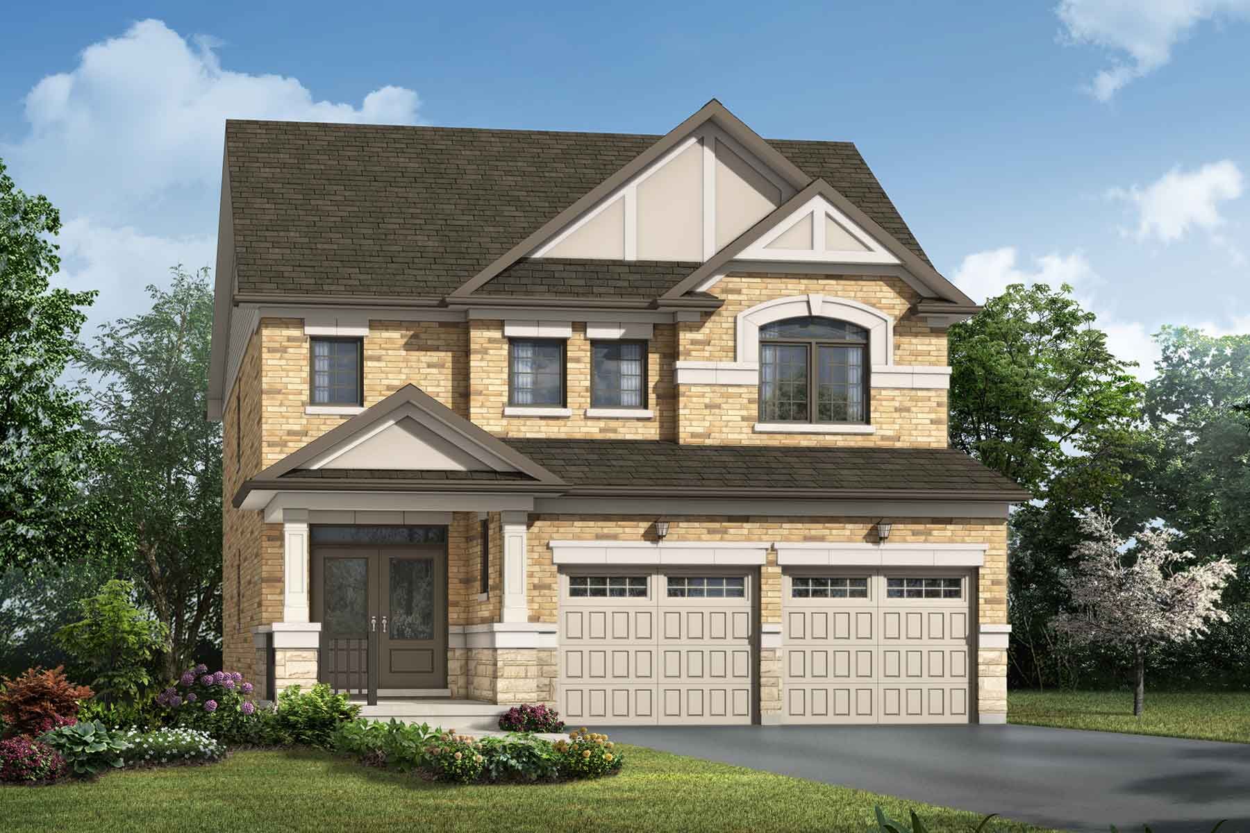 A Traditional style single family home with a double car garage.