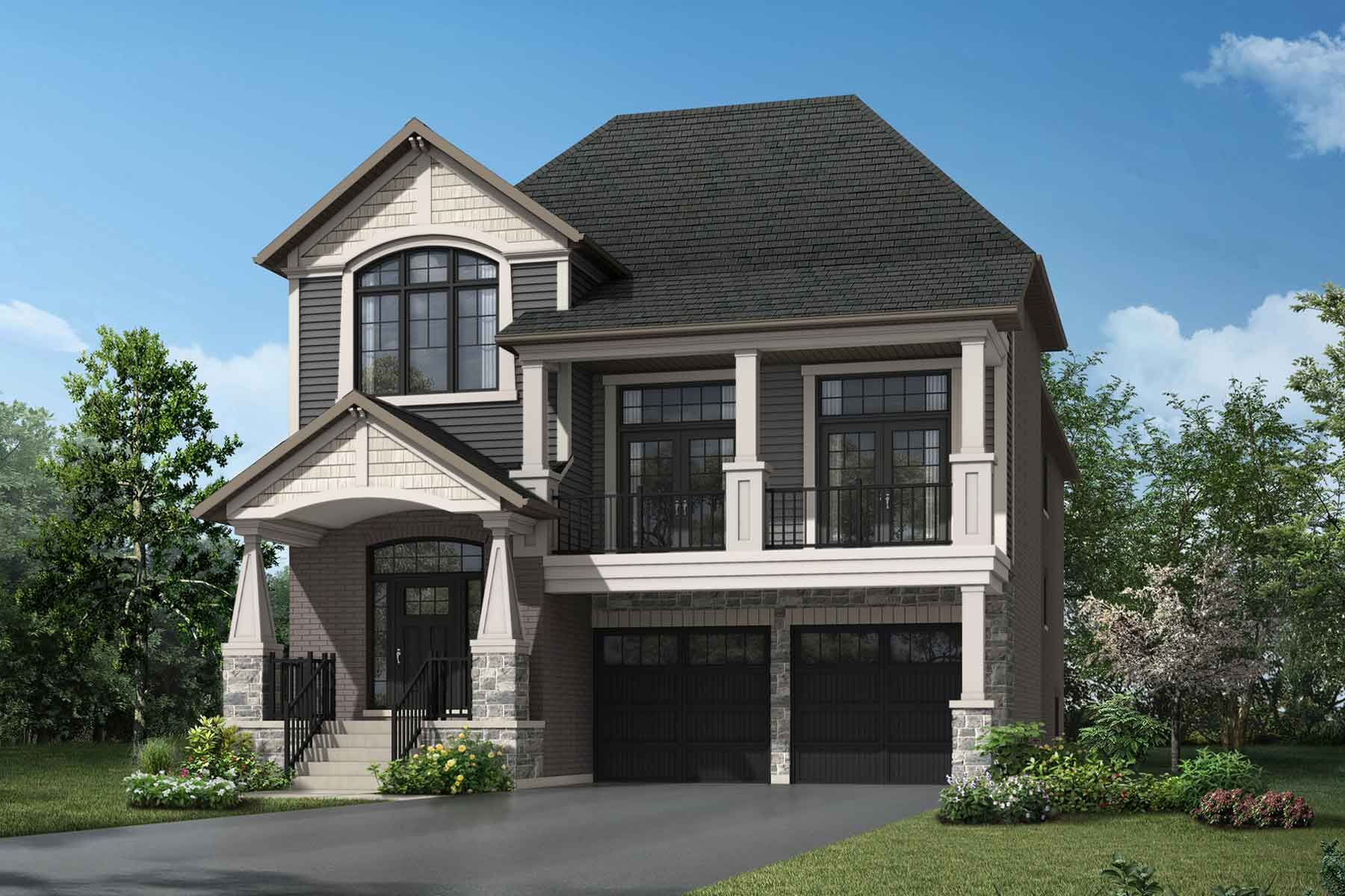 A Craftsman style detached home with a double car garage.