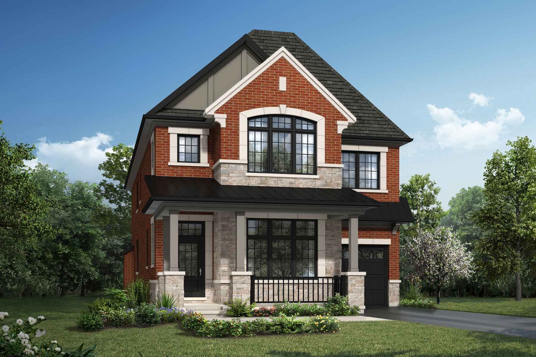 An English Manor style detached home with a single car garage.