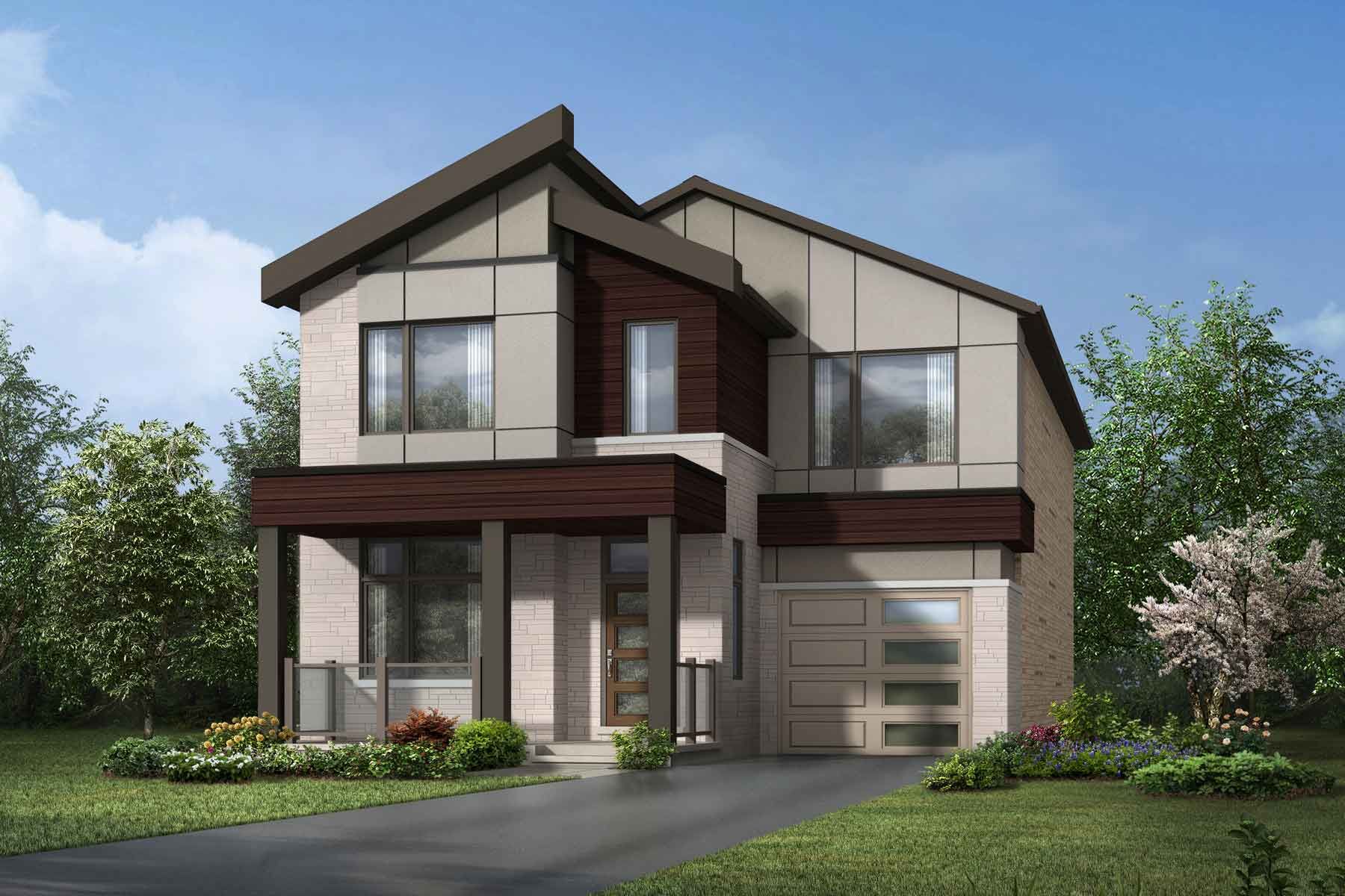 A Contemporary style detached home with a single car garage.