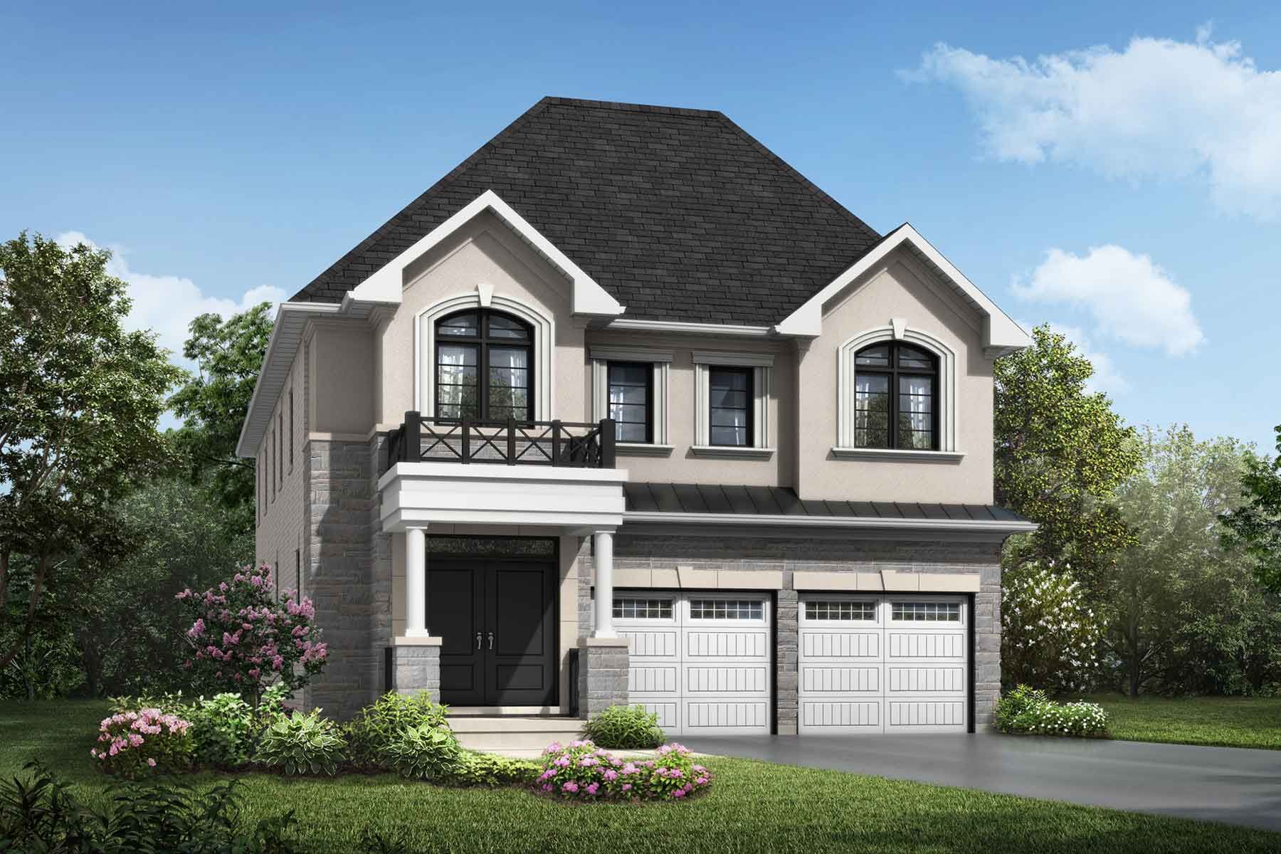A French Chateau style single family home with a double car garage.