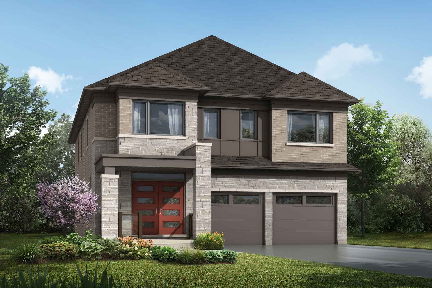 A Modern style single family home with a double car garage.