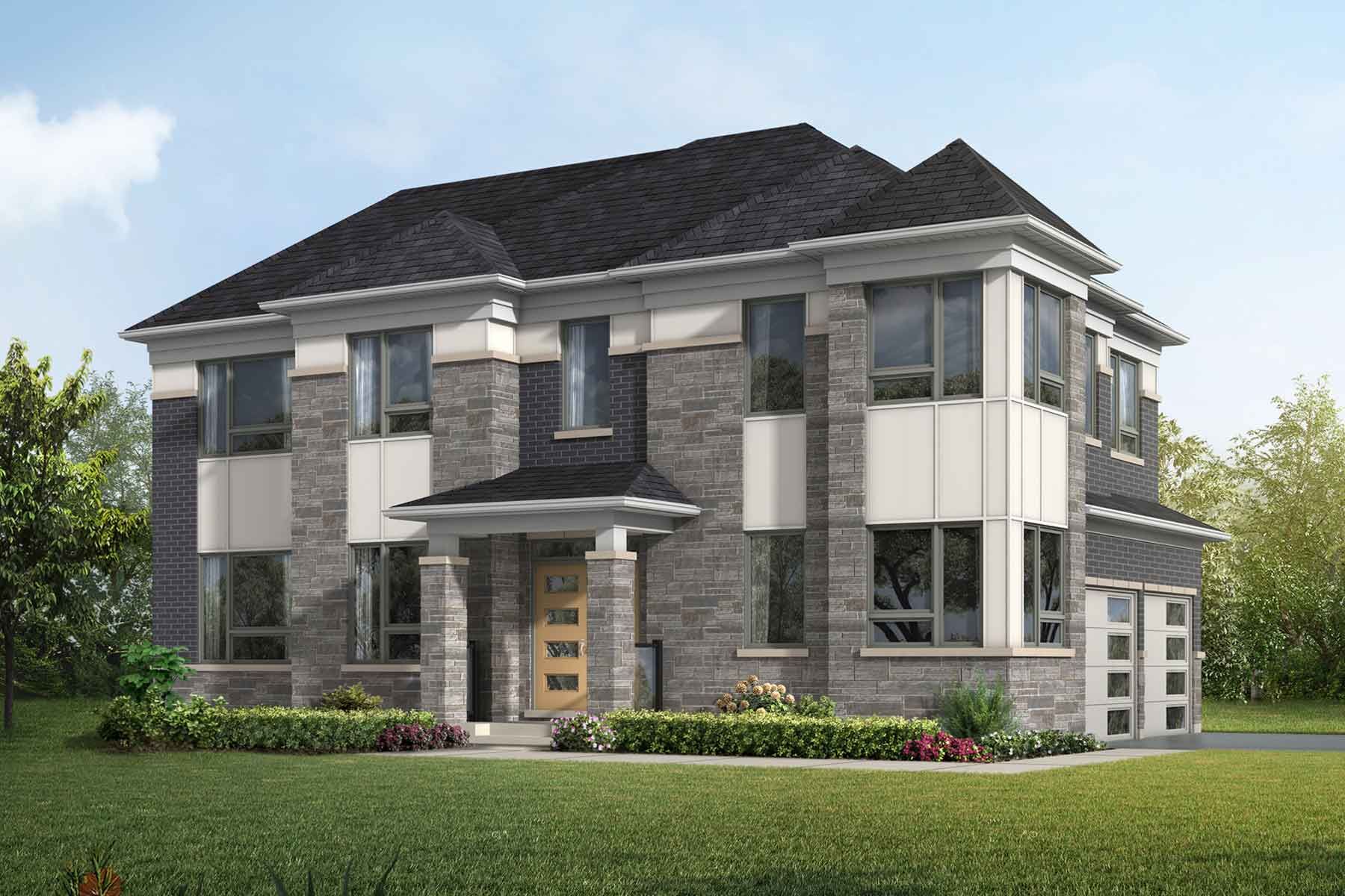 A detached Modern style home with a double car garage.
