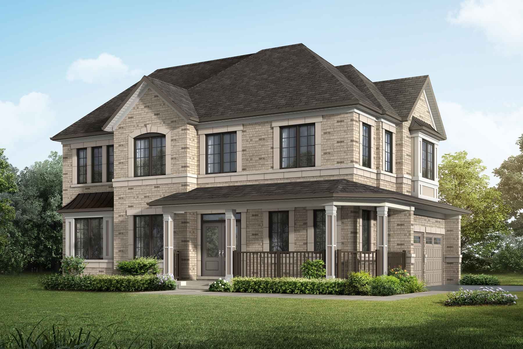 A detached Traditional style home with a double car garage.