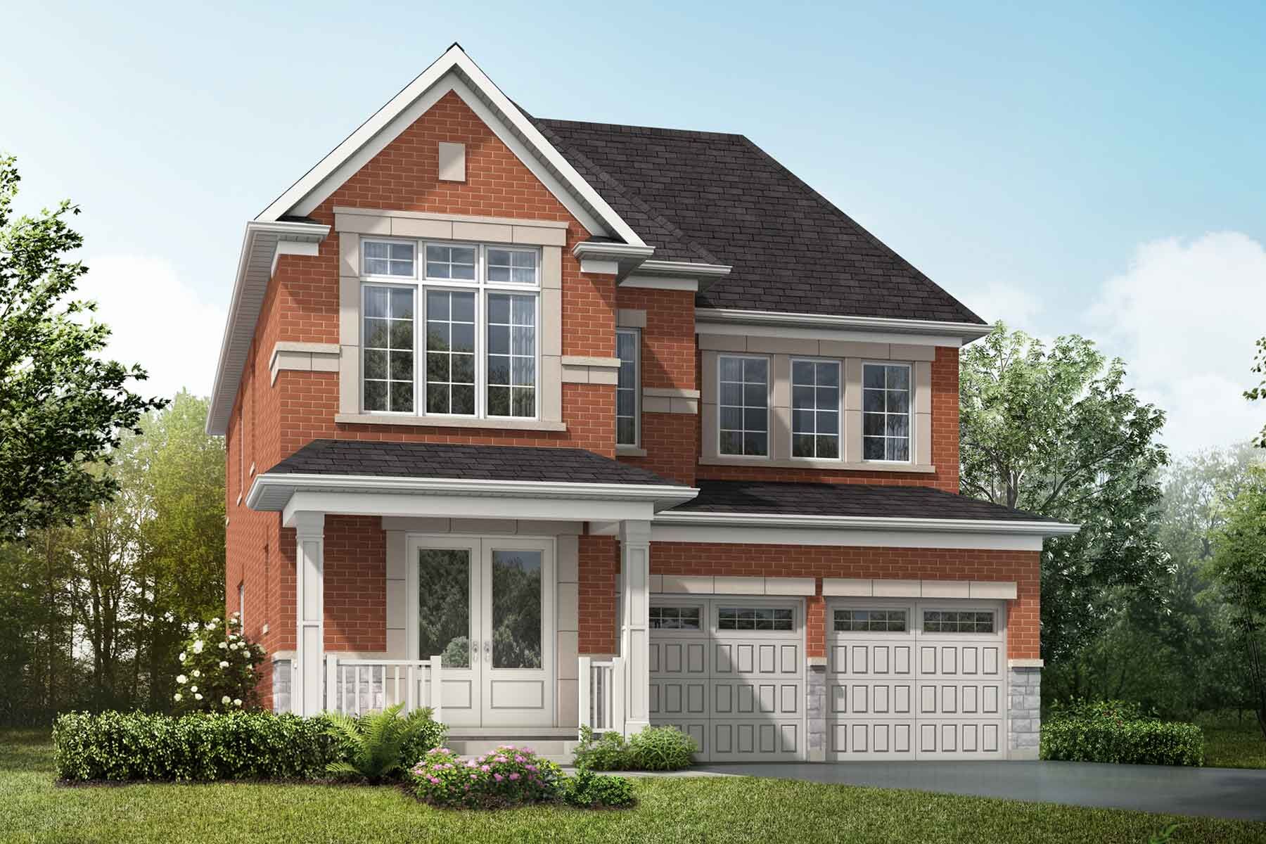 A detached Traditional style home with a double car garage.