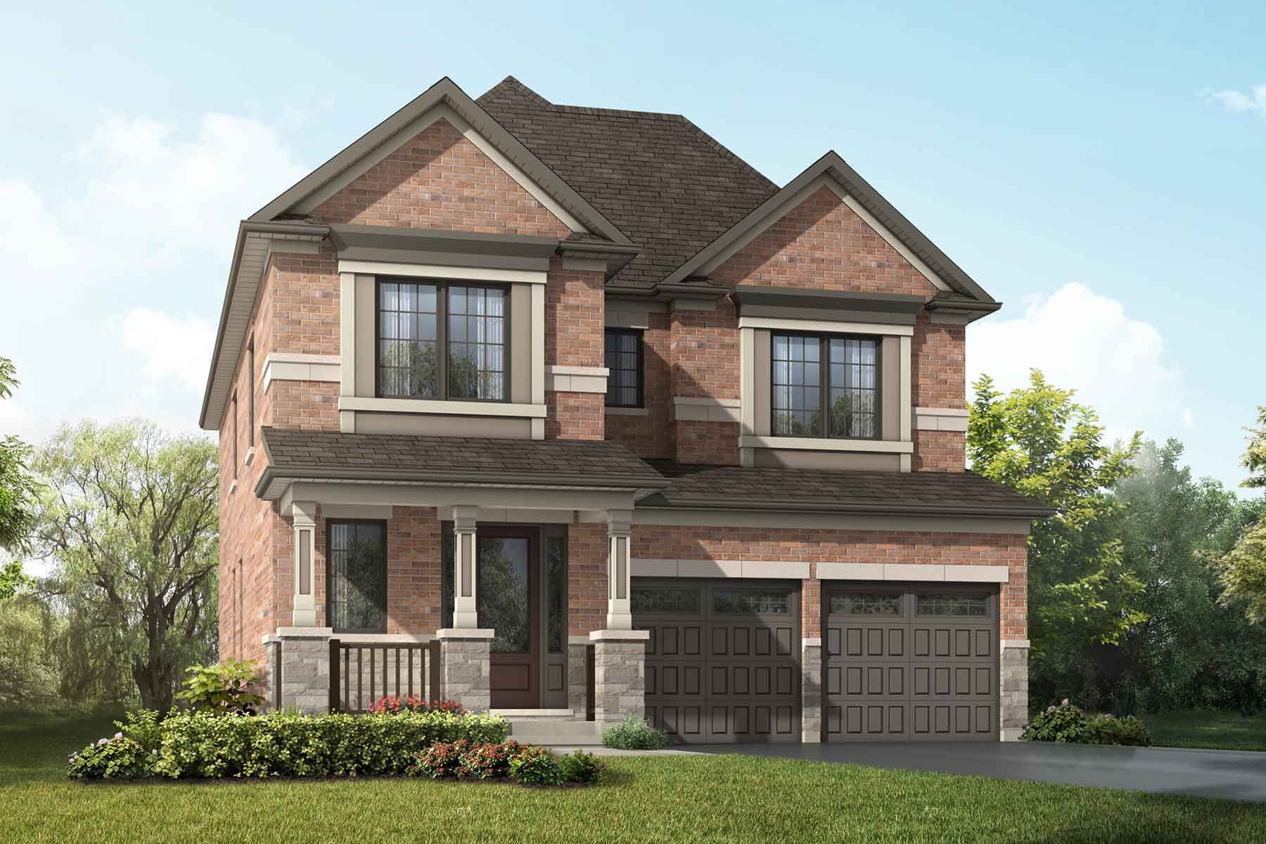 A detached Traditional style home with a double car garage.