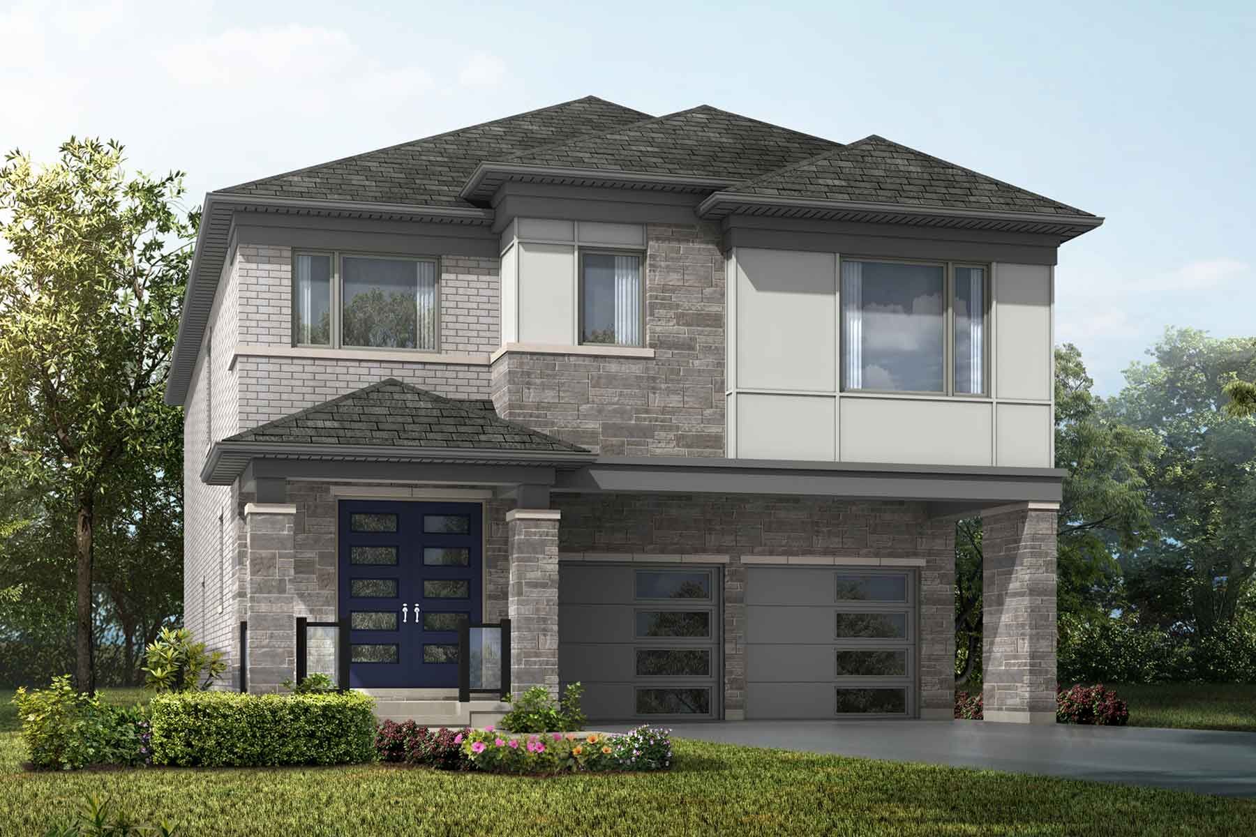 A detached Modern style home with a double car garage.