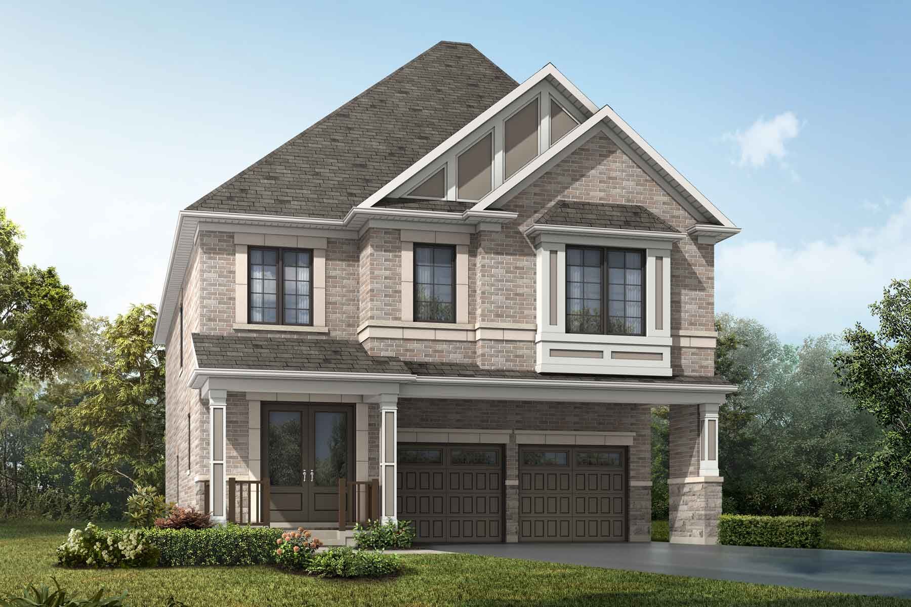 A detached Traditional style home with a double car garage.
