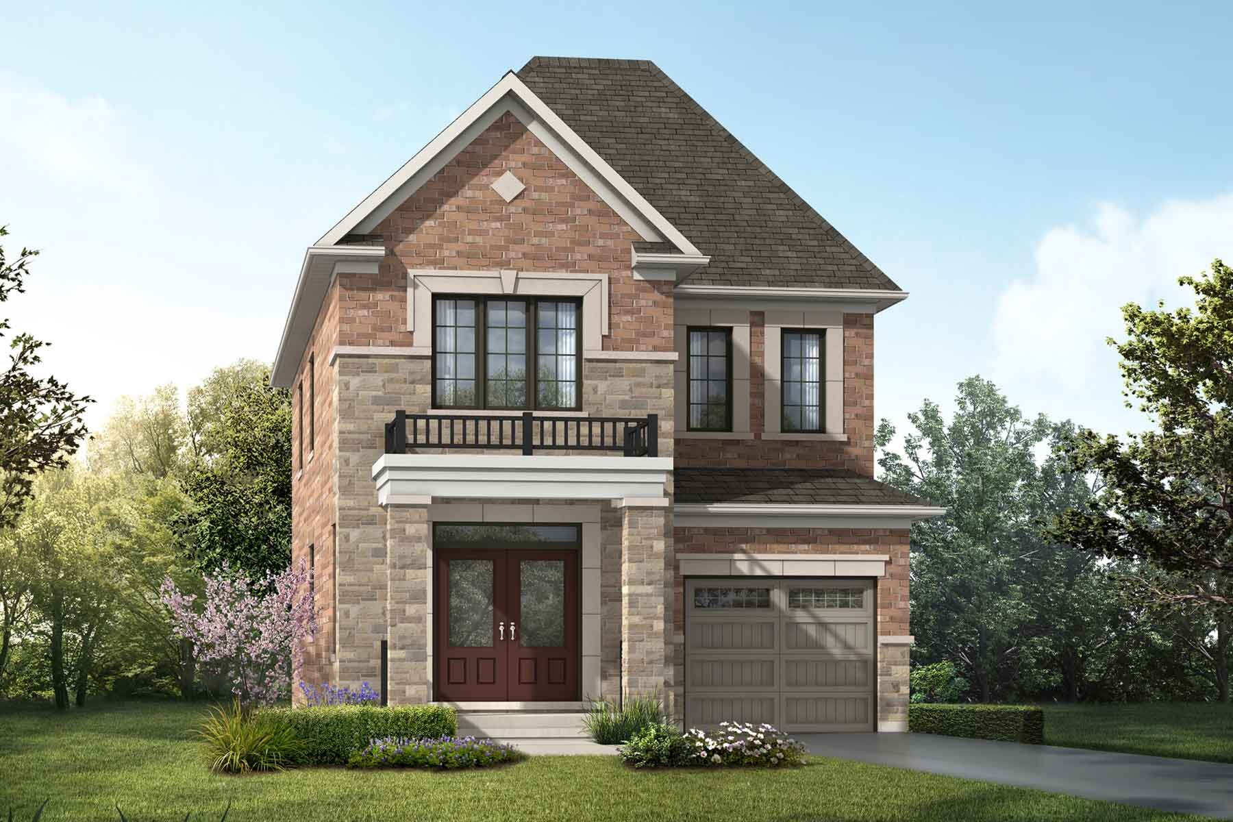 An English Manor style detached home with a single car garage.