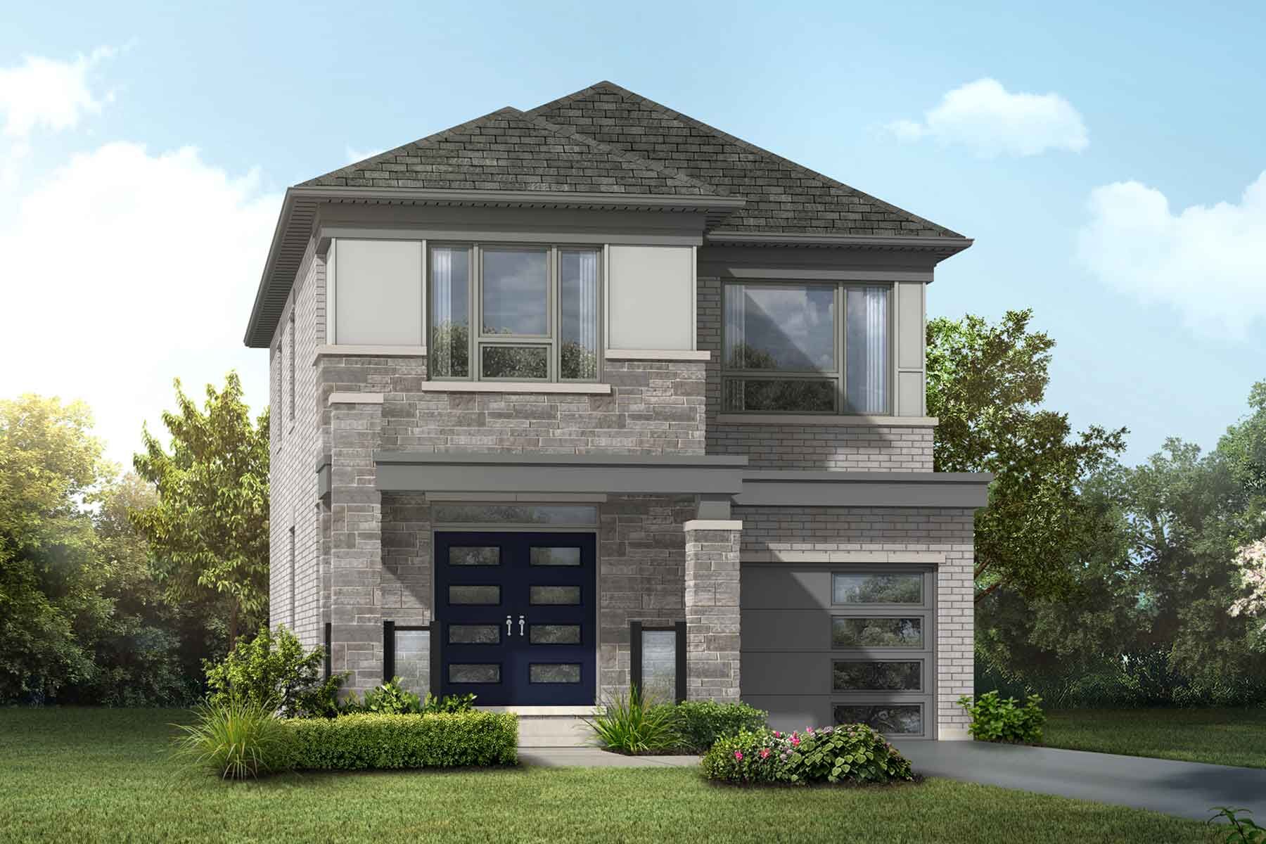 A Modern style detached home with a single car garage.