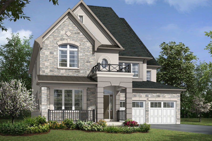 A French Chateau style elevation with double car garage, covered front door with balcony and gated porch. 