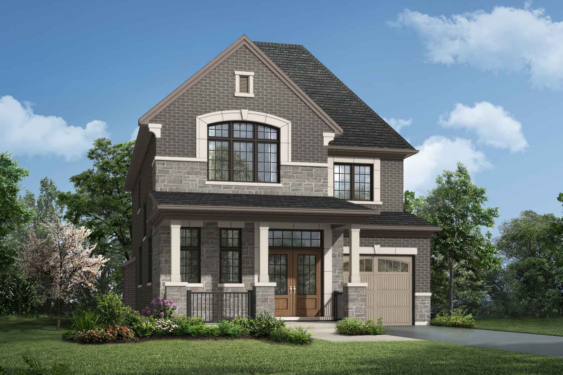 An English Manor style elevation with single car garage  and set of windows above the front door.