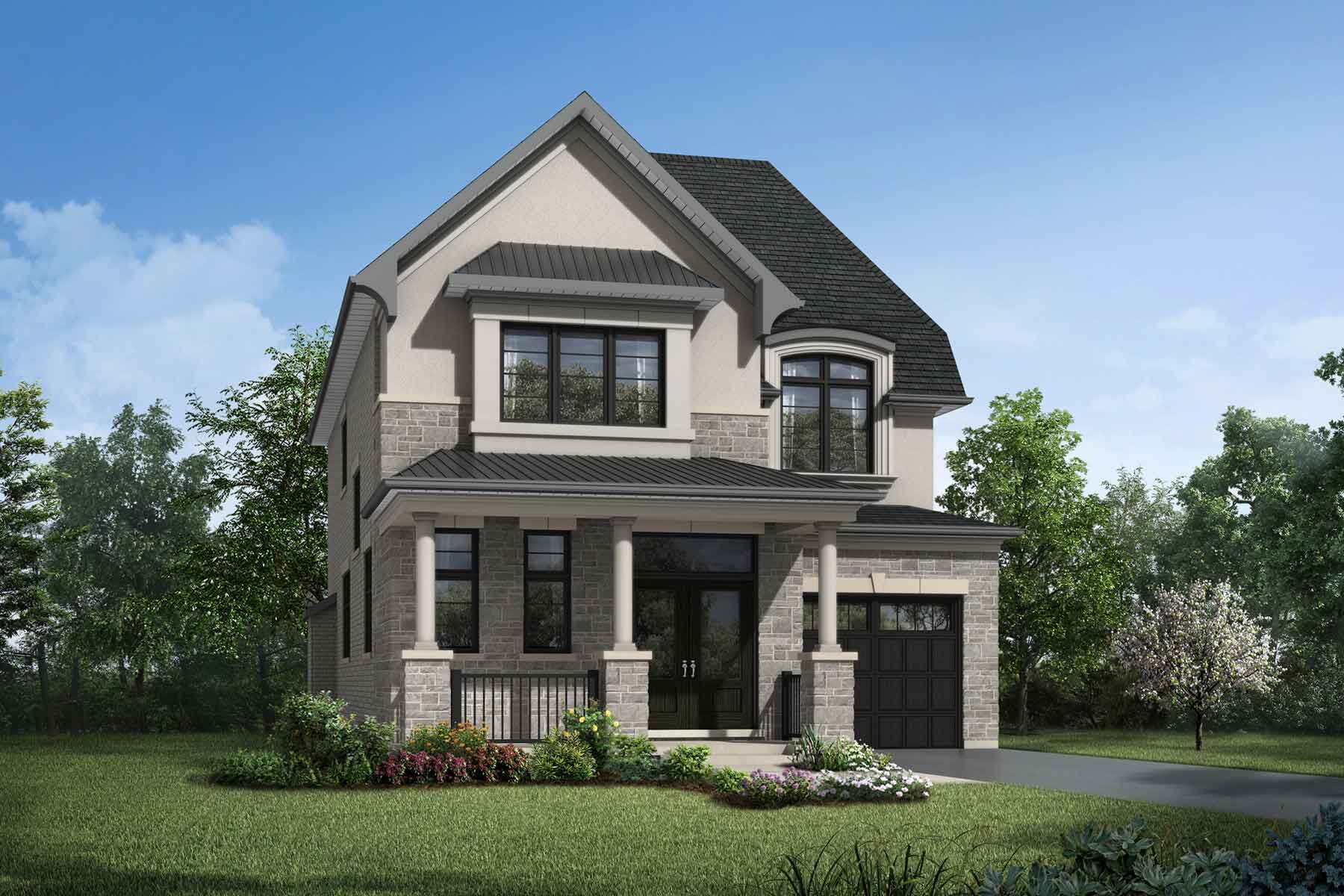 A French Chateau style elevation with a single car garage, covered front porch and porch pillars. 