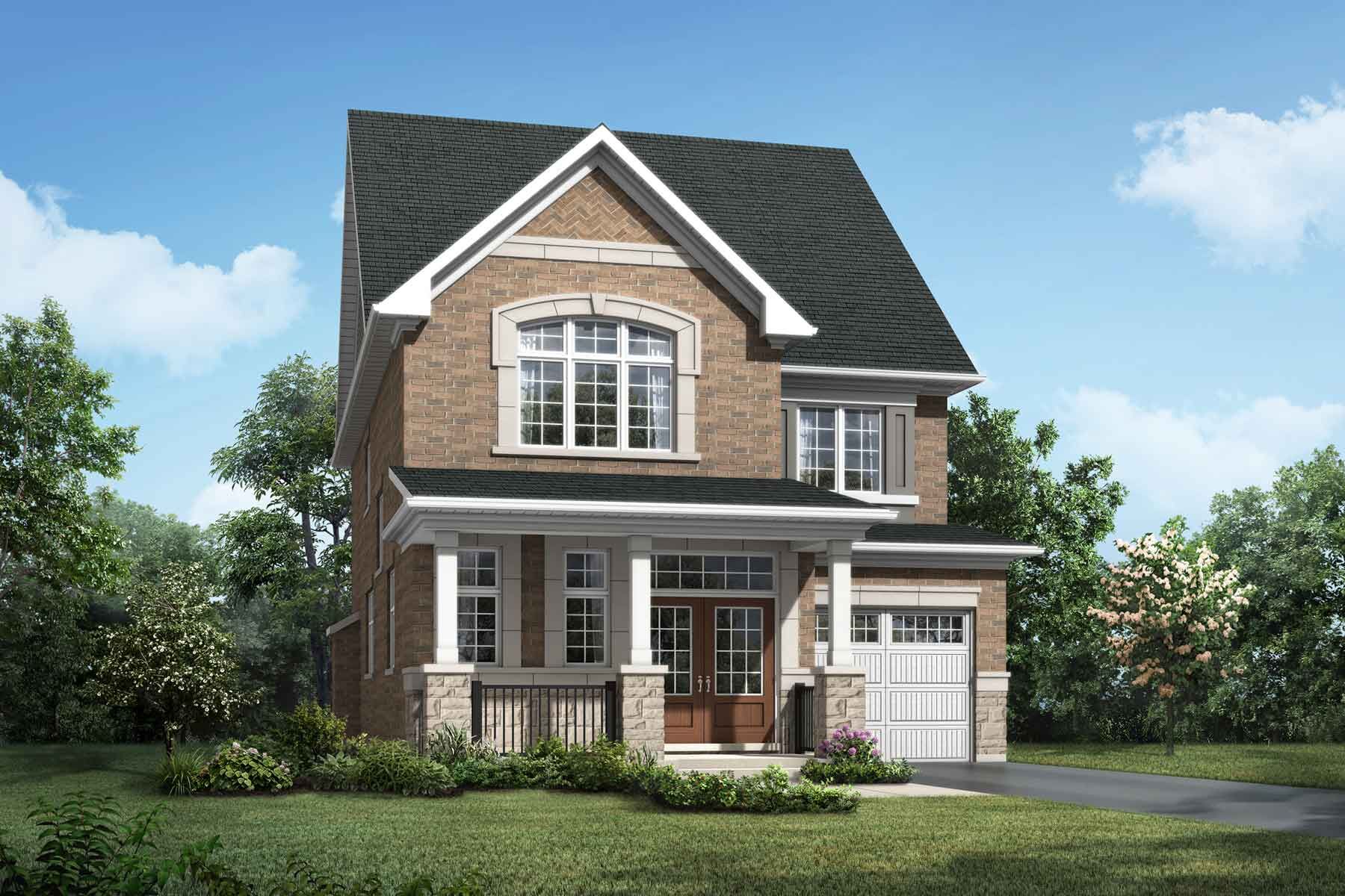A Traditional elevation style with covered porch, single car garage and porch pillars. 